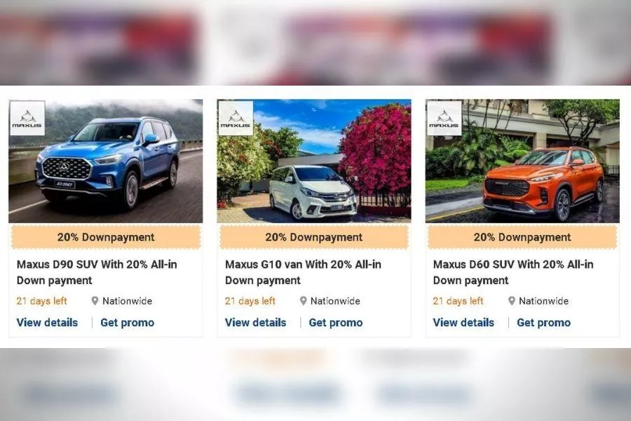 A screenshot of all-in downpayment promos on the Philkotse website