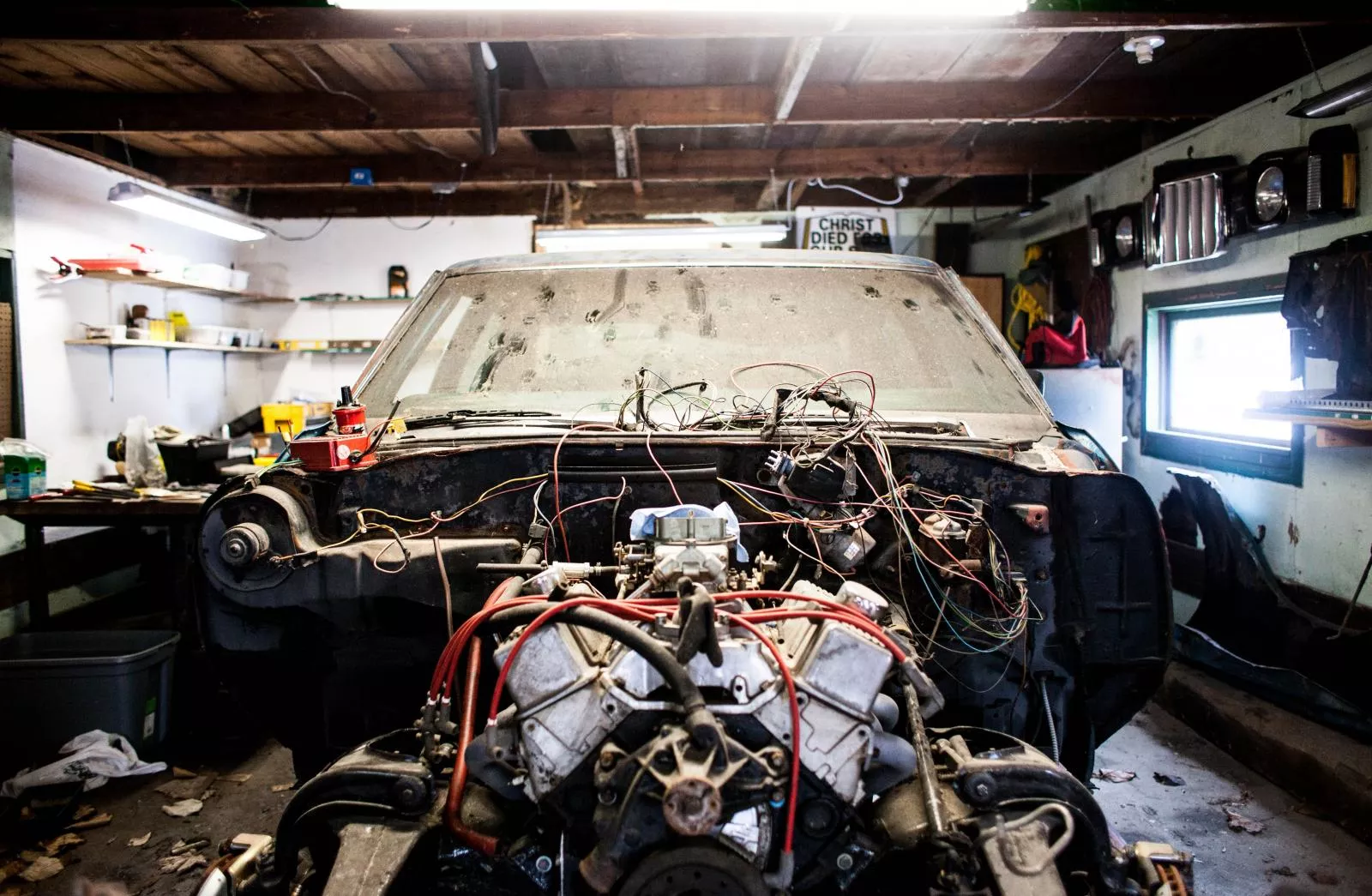 Car engine compartment dismantled