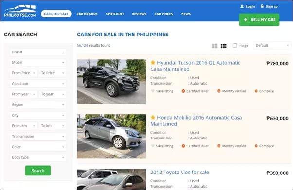 Cars for sale section on Philkotse.com