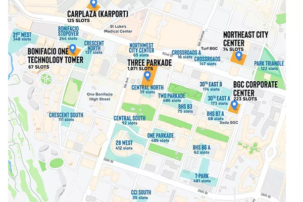 A map showing several parking lots in BGC and their capacities.