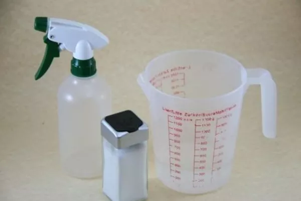 Salt, measuring cup and spray bottle