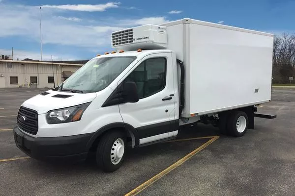 angular front of a white box van