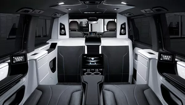 The rear compartment has VIP Business seats with stretchable footrests that can be reclined all the way The Brabus V-Class cabin