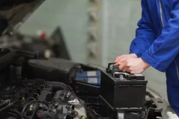 A man holding onto a car battery