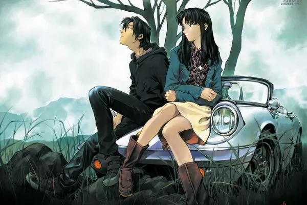 A picture of Kaji and Misato with a car