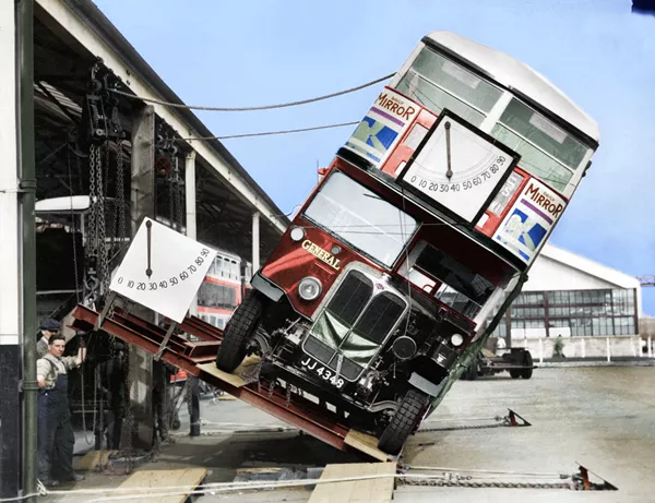 A bus undergoing the tilt test 