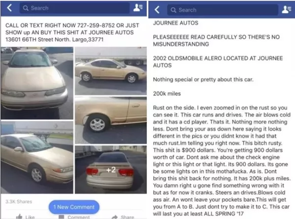 screenshot of a viral car ad on facebook