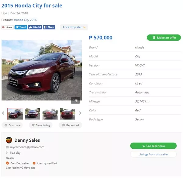 Car for sale ad