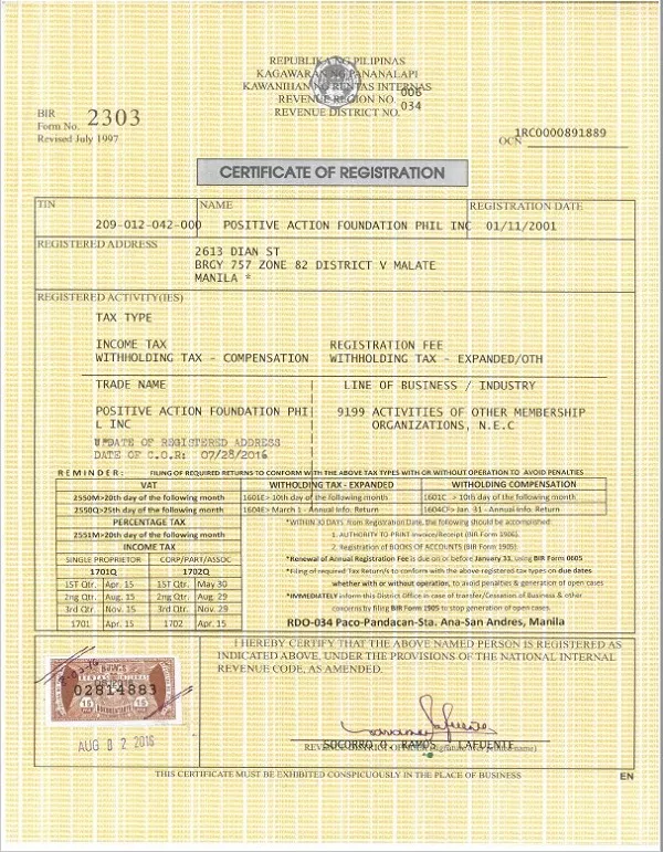 One of the documents you need to present is a copy of the Certificate of Registration Certificate of registration sample