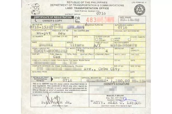 An LTO issued Certificate of Registration or CR. A picture of an LTO issued CR.