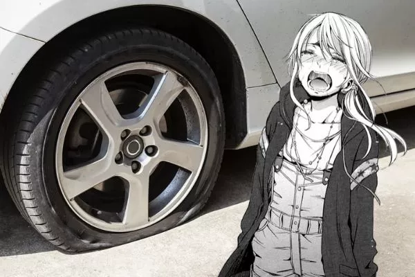 A picture of a flat tire plus crying girl