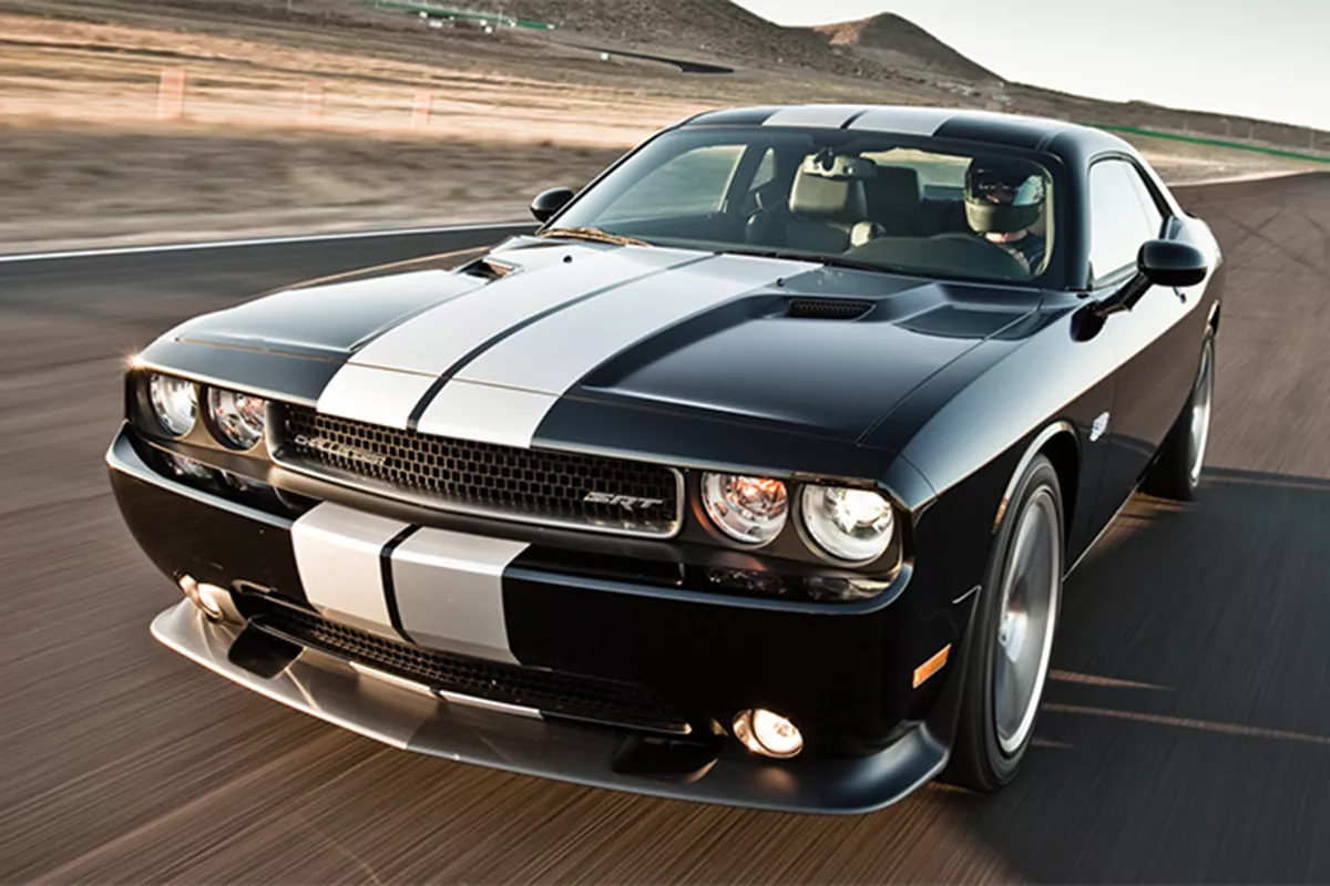 A picture of a Dodge Challenger on a race track