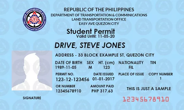 An example of an LTO student permit A picture of an LTO student permit
