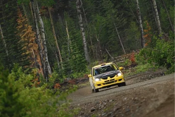 A picture of a rally car in the woods