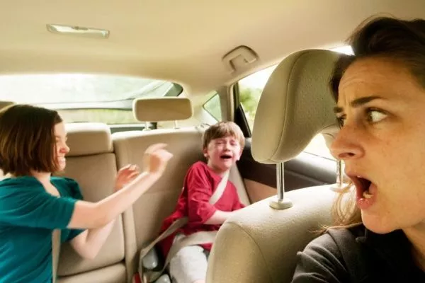 A picture of kids fighting on the back seat