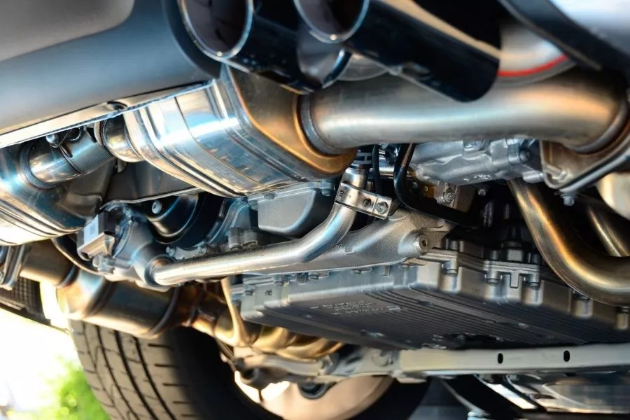 A car's exhaust system from below