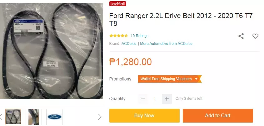 Fan belt price on the market starts from around Php 1,200 car's fan belt price on Lazda PH