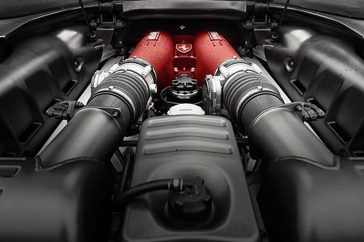 A picture of the Ferrari 458's engine bay