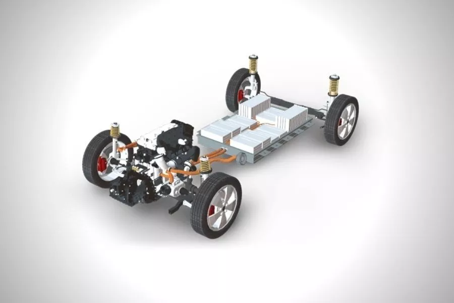 A picture of a hybrid car's bare chassis