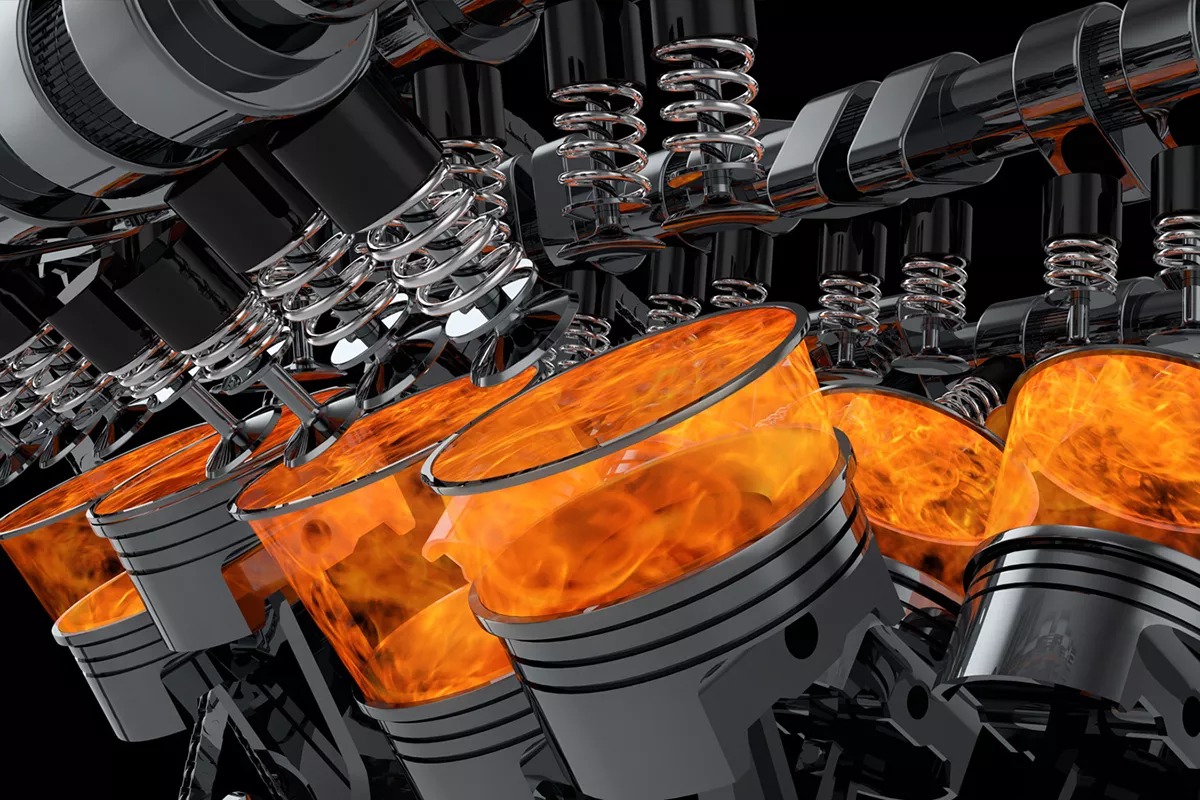 A picture of a 3D rendered engine in the middle of combustion