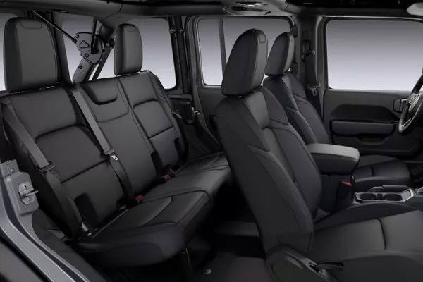 If you want more rugged seats, go for the leather ones A picture showing the passenger row of the Wrangler