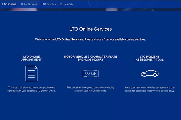 A screenshot of the LTO online services portal