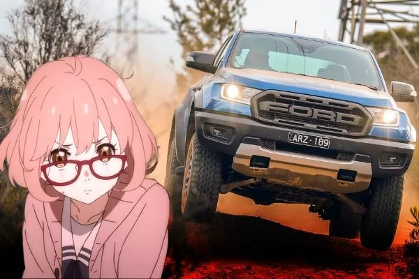 A picture of an angry girl anime girl looking at a Ford Ranger mid-jump