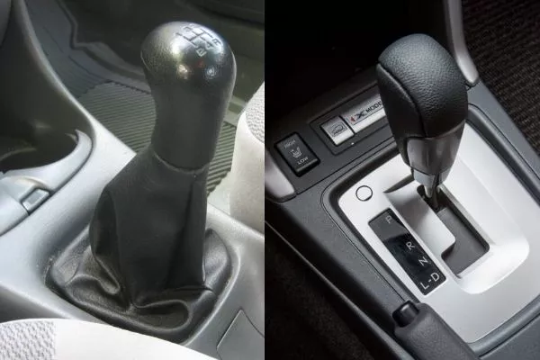 A picture of a manual and an automatic transmission side by side