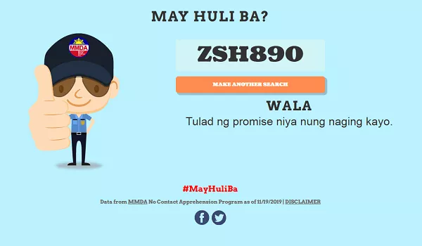 A picture of the mayhuliba.com with a plate number without violations