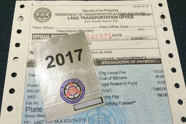 If you're just renewing a car's registration, you'll only receive the official receipt and a registration sticker An LTO official receipt of registration