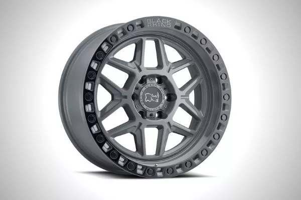 A picture of a black rhino wheel