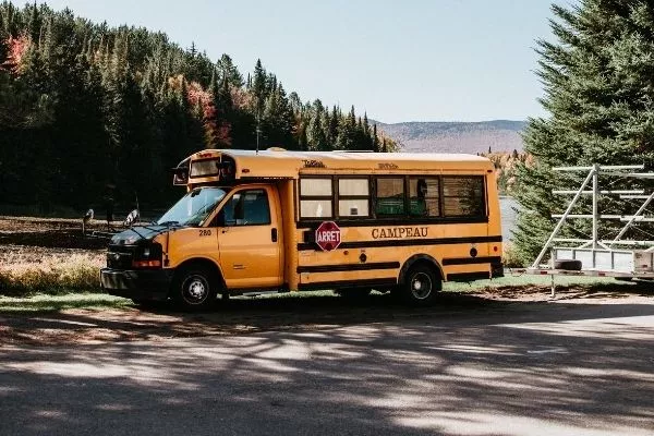 A yellow bus in the middle of a forest