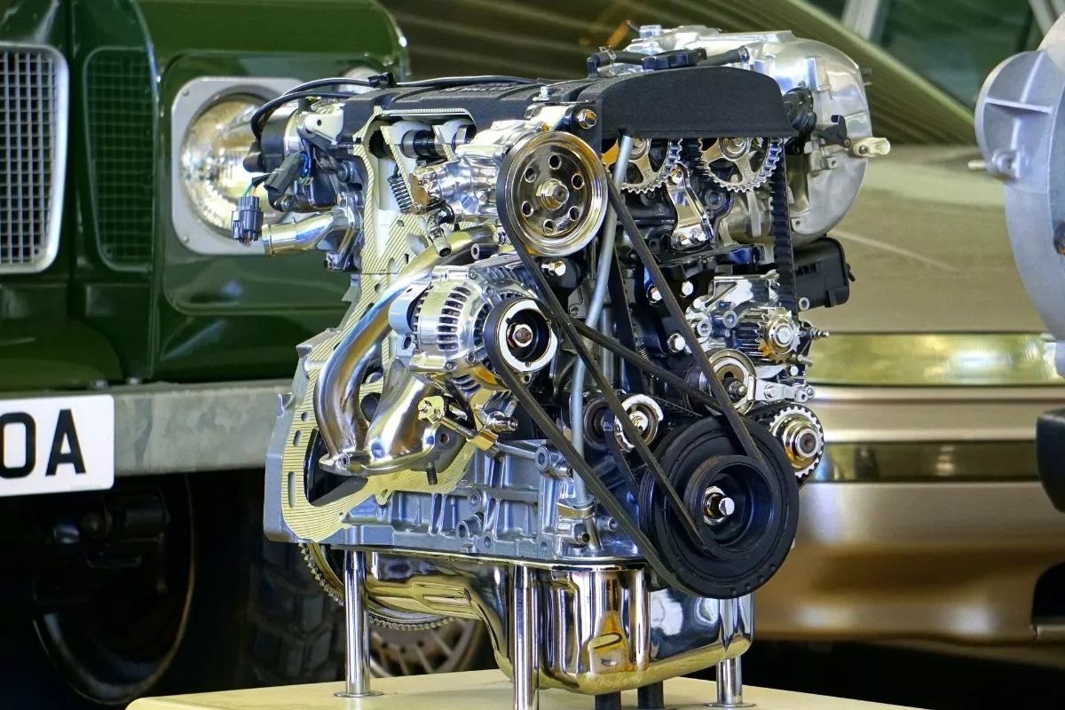 A car engine with exposed belts