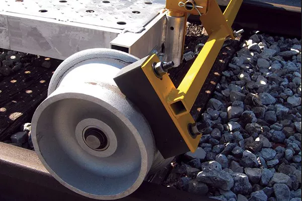 A picture of a simple braking system on a rail car