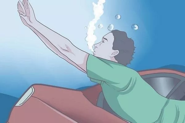 Man swimming out of the car