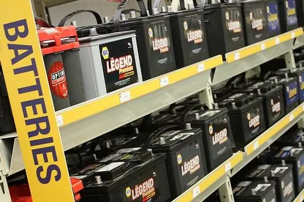 a shelve of car batteries