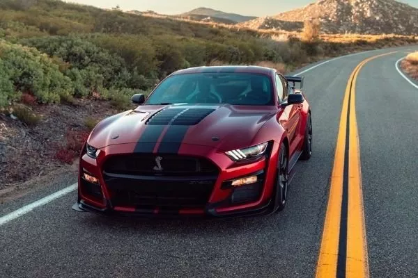 A picture of the Shelby Super Snake on a quiet mountain road.