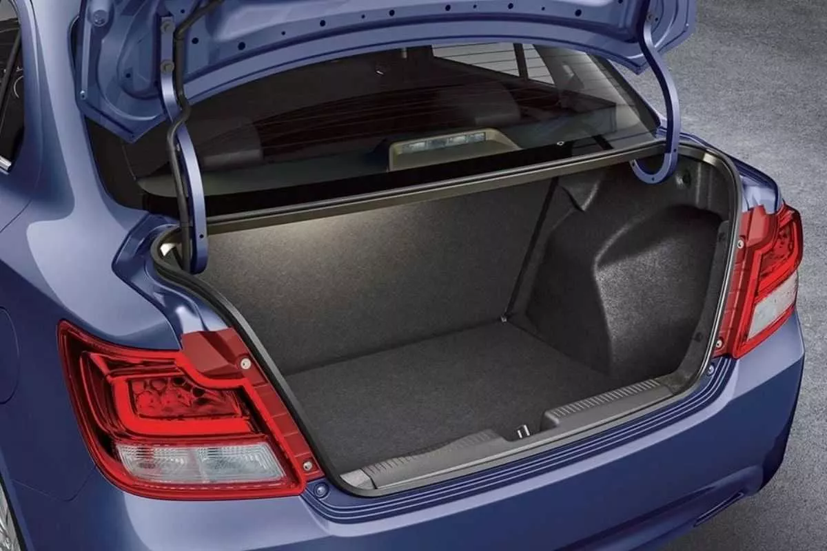 A picture of the Suzuki Dzire's open trunk
