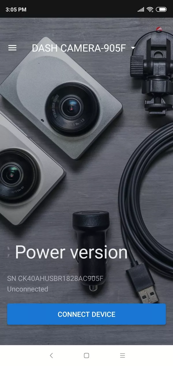 YI Dash Cam app's opening screen