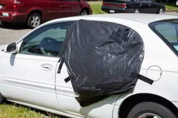 Like this but, a bit tighter A picture of garbage bag covering a car window
