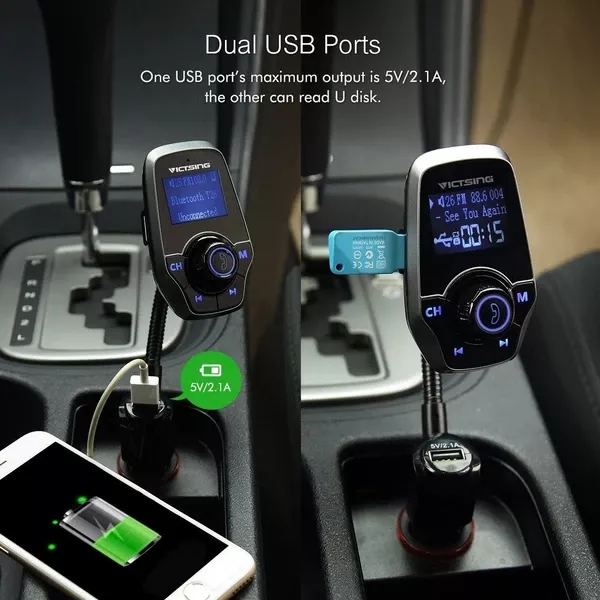 This device provides the user with 4 different ways to play music victsing wireless in car bluetooth fm transmitter