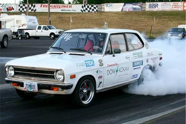 The A picture of the electric powered White Zombie Datsun 1200