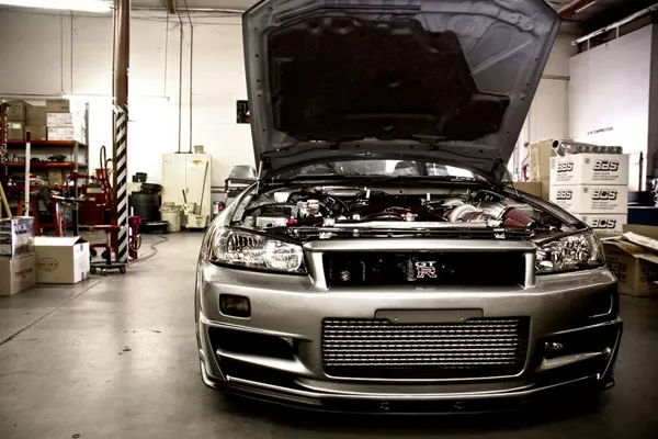 a car with an open hood