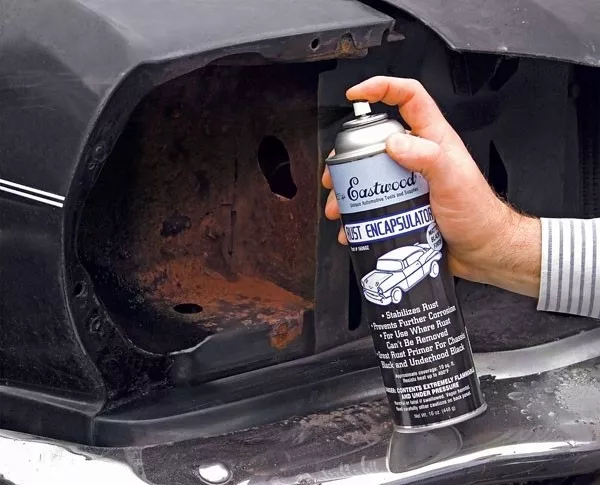 Clean the area and be ready with a rust converter Using a rust converter