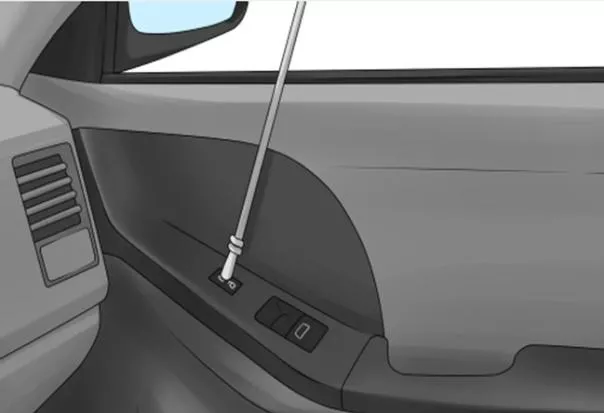 Locate the latch by looking from outside of the glass window, then estimate the distance Using a long rod to break automatic lock on car