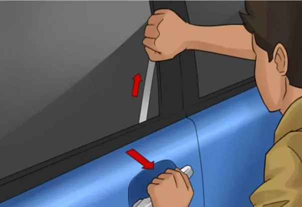 Slide the tool toward the lock and slowly pull up when you feel that the key has been hooked Slide the metal tool toward the car door lock