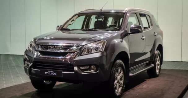 A grey Isuzu MU-X angular front view