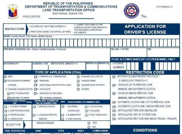 driving licence application form in the Philippines 2020