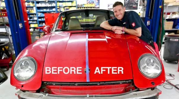 A red car before and after getting cleaned with an orbital polisher 
