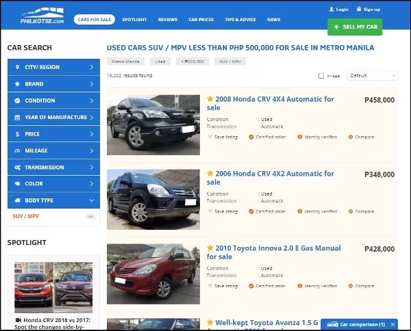 screenshot on Philkotse.com SUVs for sale page
